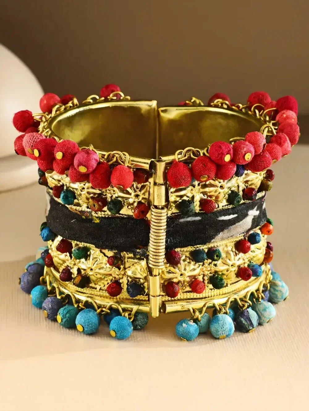 Handcrafted Multicolor Fabric-Bead Cuff Bracelet - Boho Gold Accent - Picture 2 of 4